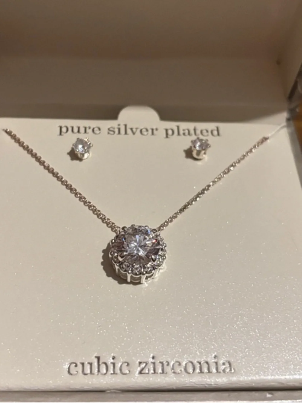 Silver-Plated Cubic Zirconia Pendant Necklace and Studs - White - Picture 1 of 3